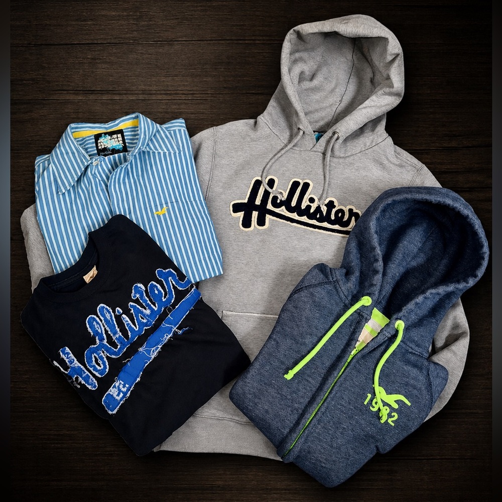 Men’s Large Hollister Bundle - Hoodie, Zip-Up, Button Up, & Vintage T | 4-Piece